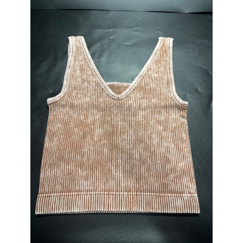Zenana Acid Wash Ribbed Seamless Tank Top V-Neck Brown Size L/XL New